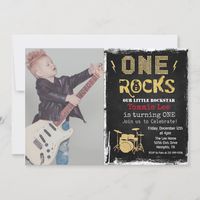 One Rocks Rockstar Rock Star Drumset Drum set Metal Metallic Glitter First 1st Birthday Photo Invitation  ADD PHOTO Rockstar Drumset 1st Birthday Invitation