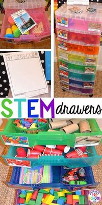 STEM drawers are a simple, easy to implement STEM activities even if you have a small classroom. Just add challenge cards and sketch paper. Perfect for preschool, pre-k, and elementary classrooms.