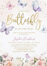 A little butterfly is on her way! Girl baby shower invitations featuring beautiful watercolor butterflies and flowers. Girl baby shower invites and ideas. afflink