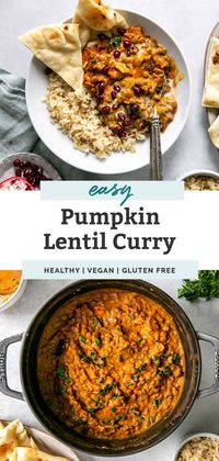 An easy vegan dinner recipe for Lentil Pumpkin Curry! This Indian inspired healthy plant based meal is perfect for the weeknight or even the weekend. Lentils simmer in a pumpkin coconut curry sauce and it is so good! Leftovers keep well too.