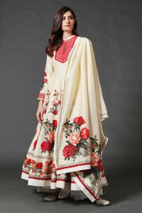 Buy Rohit Bal White Cotton Chanderi Floral Print Anarkali Set Online | Aza Fashions