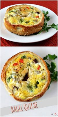 Bagel Quiche recipe from RecipeGirl.com : hollowed out egg filled with eggs, vegetables and cheese #bagel #quiche #recipe #RecipeGirl