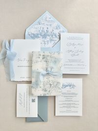 "This invitation was inspired by a walk in the French garden...  this version in light blue colors THIS LISTING IS FOR A SAMPLE TO START AN ORDER, PLEASE SEND US AN E-MAIL WITH NUMBER OF SETS NEEDED AND WE WILL SEND YOU A CUSTOM QUOTE. izabelazajdel@ hotmail.com follow me on - https://www.instagram.com/utile.et.beau/ ------ THIS PROJECT/PATTERN IS ALSO AVAILABLE FOR LETTERPRESS OR HOT FOIL PRINTING, IF YOU'RE INTERESTED, PLEASE WRITE ME MESSAGE.  ------ WHAT'S INCLUDED IN THE SUITE 5\"x7\" Invit