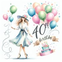 A charming watercolor illustration depicts a festive 40th birthday setting for her. In the center, a stylish woman stands surrounded by pastel balloons and a banner that reads 'Happy 40th.' The words 'Happy Birthday' elegantly float above in a handwritten script. Generated with these themes: 40th for her. Made with ❤️ by AI.