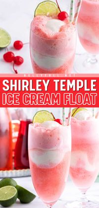 Look forward to sipping on this Shirley Temple Ice Cream Float! Refreshing and delicious, this ice cream drink recipe is a perfect 4th of July beverage. Plus, 4 ingredients are all you need for this easy summer drink! Boozy version included!