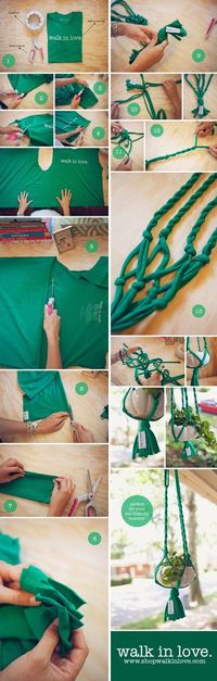 DIY T-shirt plant hanger. See full instructions here : http://shopwalkinlove.com/t-shirt-plant-hanger-diy/