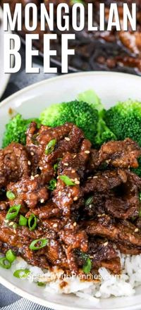 This Easy Mongolian Beef recipe uses slices of tender beef coated in a sweet and salty sauce. Serve over a bed of rice with a side of broccoli for a meal that will definitely impress your guests! #spendwithpennies #easymongolianbeef #maindish #PFChangs #copycat #homemade