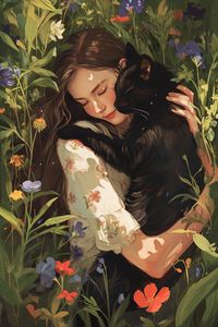 Beautiful woman hugging her cute black cat, in a flower bed