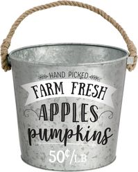 Decorate your space with something like this Fresh Apples & Pumpkins Galvanized Bucket that is both cute and functional, On the front is the headline "Hand Picked Farm Fresh Apples Pumpkins 50c/LB" printed in black and white ink, Fill the steel bucket up with ice and drinks for a festive cooler or use it to create your own DIY table centerpiece, Great for storage and for parties, Rust-resistant, Waterproof sealed bottom, Size: 10" D x 7" T, Material: Galvanized steel