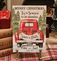 Money saving, dual purpose Christmas Card and Save the Date in one. This rustic country design features a vintage red truck on a wintry background of snowy pines and highlights your save the date details. It's available in 2 sizes: 5"x7" and 4"x6" and comes with white envelopes.