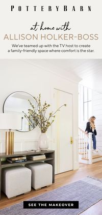 To make a great first impression for guests, the space is anchored in a stunning console table and layered in inviting accents like bold statement branches and warm, brass accents.