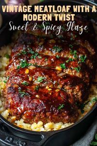 Try vintage meatloaf with a modern twist, topped with a sweet & spicy glaze for a flavorful update on a classic. #MeatloafRecipe #ModernTwist