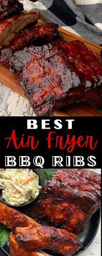 Quick and easy - 30 minutes! Air Fryer BBQ Ribs. Tender, sauce and finger lickin' good slathered with your favorite barbecue sauce. Enjoy the flavor of grilled spareribs all year! #airfryerribs #airfryerbbqribs #airfryerrecipe #spareribs #bbqribs #airfriedribs #airfriedbbqribs #agoudalife