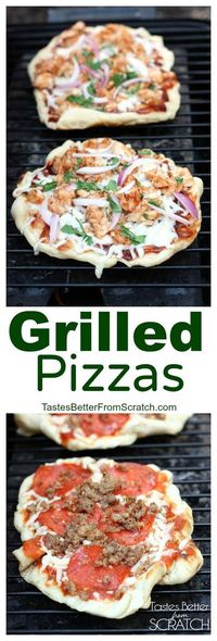 This Grilled Pizzas recipe and tutorial is for homemade pizzas (including homemade pizza crust) that are cooked on the grill!| tastesbetterfromscratch.com via @betrfromscratch