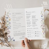 Wildflower Wedding Program Template, Modern Order of Service, Catholic Ceremony, Ceremony Program Editable Template // MATCHING ITEMS https://www.etsy.com/shop/AmyDesignInspiration?ref=shop-header-name&listing_id=1698494415&from_page=listing&search_query=d002 // DEMO THIS ITEM NOW Copy and paste the URL below to demo:  https://www.corjl.com/d/BAFL1 // WHAT IS INCLUDED - 5.5x8.5" (Folded Program Card) (8.5x11" Flat)  - 4x9" (Card Double-Sided)  - 56 Wedding Timeline Icons   - DIGITAL DOWNLOAD: Pl