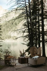 Vintage furniture boho lounge created for real wedding couple in the Moraine Lake Area of Banff National Park, in Alberta Canada.