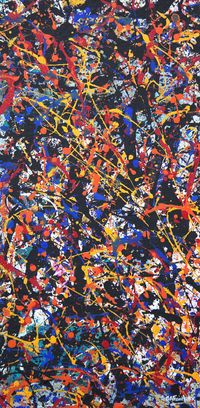 An abstract painting which reminds me of the colour and rhythm of summer. A bright optimistic work in Jackson Pollock action art style. Full of expression these bright primary colours with contrasting darker tones remind me of summer storms, flowers, blue skies and dappled shade.