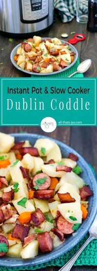 Authentic Irish dish, this Dublin coddle is hearty, flavorful, and easy to make with basic pantry ingredients - potatoes, onions. bacon, smoked sausage, and carrots. | allthatsjas.com | #Irish #coddle #StPatricksDay #recipe #slowcooker #instantpot #easy #dinner #maindish #authentic #pork #glutenfree