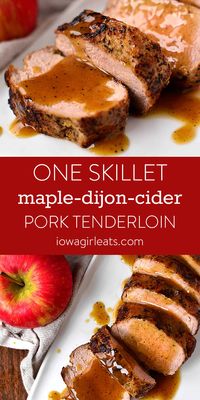 1 skillet and 30 minutes is all you need to make Maple-Dijon-Cider Pork Tenderloin. Saucy and succulent, this scrumptious, gluten-free dinner recipe will knock your socks off.  | iowagirleats.com keywords: pork tenderloin recipes, pork recipes, dinner recipes, gluten free recipes, gluten free dinner recipes, gluten free dinners easy, fall recipes