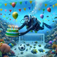 Create an image depicting a joyous birthday celebration with a theme of underwater adventures and soccer defense. The central figure is a happy scuba diver, of South Asian descent, floating weightlessly next to a colorful coral reef adorned with party streamers and balloons. In one hand, the diver is holding a birthday cake shaped like a soccer ball, and in the other hand, they have a large goalie glove. This scuba diver is in a playful position, blocking a group of fish that resemble soccer bal