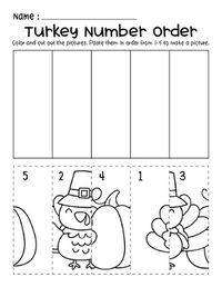 Turkey Thanksgiving Number Order Cut & Paste Scene Preschool Worksheets