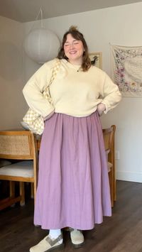 cream sweater outfit, purple dress, dr martens jorge mules, midsize, plus-size