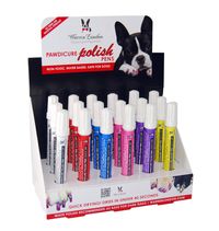 Comes with 18 Pens (3x of 6 Colors) and cardboard display. The Pawdicure Dog Nail Polish Pen contains water based, odorless & non-toxic formula which dries in approximately 40 seconds. The unique pen tip provides a neat application which is perfect for a novice user or for advanced nail art. Available in 13 colors. Easy to remove but long lasting and chip resistant finish. Made in USA.