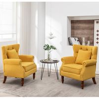 This set of two wingback chairs brings classic elegance to your living space. The frames are made from a blend of solid and engineered wood, and they feature turned front legs, rolled arms, and a brown wooden finish for a timeless look. Both chairs are wrapped in sumptuous velvet upholstery for a textured feel. Foam- and synthetic-filled cushions are supported by sinuous springs for ultimate relaxation during movie night. These chairs showcase button tufting and nailhead trim for an added layer