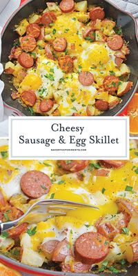 Sausage and Egg Skillet - A Breakfast Skillet Recipe - Potato, Andouille Sausage and Egg Skillet is a delicious breakfast skillet with andouille sausage, potato, eggs and gooey cheese. Ready in 30 minutes! #sausageandeggskillet #breakfast