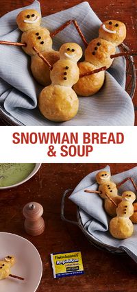 This easy and adorable Snowman Bread recipe is the perfect comfort food when paired with your favorite soup. Try it with Broccoli and Cheddar, Chicken and Wild Rice or Beef Barley.