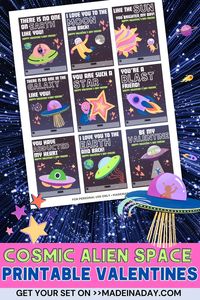 Make this Valentine's Day out of this world with our printable alien outer space valentines! Perfect for spreading love among the stars. Grab a set today! space valentines cards, alien valentines day card, free printable valentines, space themed valentines