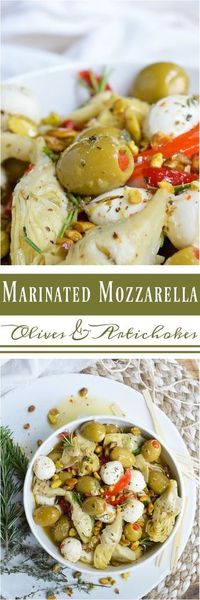 For a quick and easy appetizer, make these Marinated Mozzarella Balls, Artichokes and Olives. This appetizer recipe is full of garlic and fresh herb flavor. Perfect for serving at holiday feasts and parties!