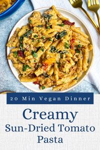 This Creamy Sun-Dried Tomato Pasta is the perfect weeknight dinner! It’s quick, easy and so cozy. I toss pasta, pan-seared tofu, sun-dried-tomatoes, and Tuscan kale with a rich but completely dairy-free Dijon Cream Sauce and the result is a luxuriously creamy pasta sauce that is truly bursting with flavor! #vegan #pasta #pastarecipes #pastasaucerecipes #pastadishes #pastadinnerrecipes