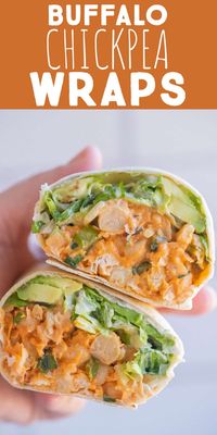 Looking for a delicious vegetarian lunch recipe that's anything but boring? These Buffalo Chickpea Wraps are packed with protein and tangy buffalo flavor. You can make the chickpea salad ahead of time so these wraps can be quickly assembled in the morning for a healthy and filling lunch. #chickpeasalad #buffalochickpeas #wraprecipe #vegetaranfood #mealprep