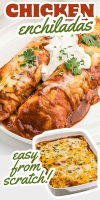 Chicken enchiladas with red sauce from scratch are way more delicious than enchiladas with canned red enchilada sauce. Read on to learn how to make homemade chicken enchiladas. This chicken enchiladas recipe with red sauce (enchiladas rojas) is made on the stovetop and then baked in the oven. This authentic Mexican Inspired enchiladas recipe is definitely the best chicken enchiladas recipe! The bold, flavorful and mild enchiladas can be made spicier, if you prefer!