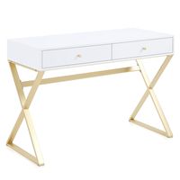 PRICES MAY VARY. [STYLISH & MODERN] A contemporary home office desk or vanity table that blends modern styling with a glam touch. Perfect for any modern home office, bedroom, or living room. [ELEGANT DESIGN] An X-shaped metal frame lends exquisite detailing. A pristine white tabletop complements the gold-finished metal frame for a glitzy hint. [LARGE DESK TOP] 42"L x 19"W desktop provides a large space to organize your office supplies or beauty products for a clutter-free look. [LARGE DRAWERS] T