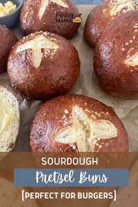 Sourdough pretzel buns with a golden chewy crust dusted in flaky salt. Use active sourdough starter to create these sourdough pretzel rolls.