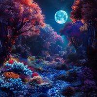 "Luminous Dreamscape: A Moonlit Fantasy Forest Art Print" Step into a realm where the flora glows under a radiant moon with "Luminous Dreamscape." This enchanting art print captures the vibrant essence of a fantasy forest bathed in the light of an ethereal full moon. Rich purples and blues blend with the vivacious hues of an otherworldly garden, inviting the viewer to lose themselves in the tranquility of this mystical landscape. Perfect for those who seek to adorn their walls with a touch of ma