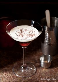 BOURBON BLACK FOREST // ~2 oz Bourbon ~.75 oz Cherry Brandy ~.5 oz brown Creme de Cacoa ~1 tsp Kahlua >>FLOAT of Cream (double/ heavy) >Garnish: Maraschino Cherries, grated Chocolate/ Cocoa Powder