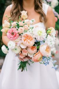 Fluttery, Summer Pastel Bridal Bouquet for a Late Summer Wedding. Florals by Rococo Floral co - Photography by Arielle Donsone Photography. . . . . . . . . . Summer Florals, Ceremony Flowers, Deconstructed Arch, Pastel Florals, August Wedding, New England Wedding, Romantic Florals, Colorful Wedding Flowers, Peach, Pink, Blue, Pastels, Flower Shop, Floral Studio, Rococo Floral