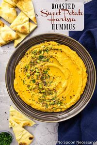 Roasted Sweet Potato Harissa Hummus #thanksgiving #food #recipes #thanksgivingrecipes #appetizers #thanskgivingappetizers