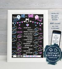 He or She? What is Kicking Mommy's Belly? Find out if your new baby is Team Blue or Team Pink - or any colors that you like! Fully editable digital template allows you to easily change the Old Wives Tales, move the circles, change colors and personalize with your name! Perfect for your Soccer theme gender reveal.    #oldwivestalesboard #genderrevealchalkboard #heorshe #teamblue #teampink #soccergenderreveal #soccerthemeparty #whatskickingmommysbelly #uniquedigitaldesigns #instantdownload