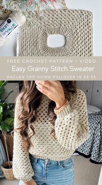 Easy Crochet Granny Stitch Sweater. Free Crochet Pattern for blog subscribers and step-by-step tutorial on YouTube. Inclusive sizing XS-5X.