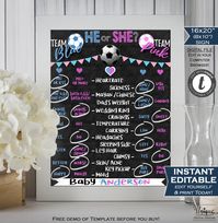 Having a Gender Reveal Party? We just love this Old Wives Tale Gender Reveal Board in Pink and Blue Soccer theme! Click through to view matching party  decorations! #genderreveal #oldwivestalechalkboard #heorshe  #babyshower #babyshowerideas #editableinvitation #thankyoucard   #instantdownload #printable #uniquedigitaldesigns