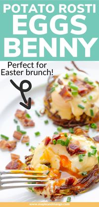 This Rosti Eggs Benedict recipe is brunch heaven! Picture this: golden crisp potato rosti topped with perfectly poached eggs, creamy hollandaise sauce, crispy bacon bits and a sprinkle of chopped chives. Absolutely mouthwatering! This delicious eggs Benedict variation is perfect for a special brunch like Easter brunch, Mother's Day brunch, Valentine's Day, Christmas brunch or anytime you want to treat yourself! | www.mapleandmango.com