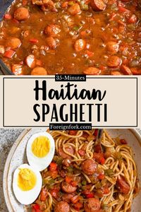 Haitian Spaghetti is a flavorful pasta dish made with tomato sauce, diced veggies and chopped hot dogs.