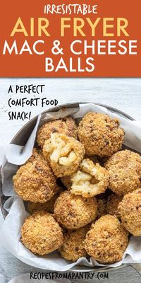 Make deliciously crunchy and gooey fried mac and cheese balls in your Air Fryer. All that’s needed is just 3 ingredients to make this healthier version of the ultimate game day snack! Air fried mac and cheese balls are a great way to transform those holiday leftovers. Click through to get this awesome recipe!! #airfryer #airfryerrecipes #leftovers #holidayleftovers #airfryerfriedmacandcheeseballs #macandcheese #macancheeseballs #appetizers #gamedayfood #comfyfood #vegetarianrecipes