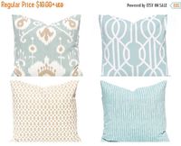 Beautiful collection of coordinating designer prints sea foam green and tan pillow covers. Modern prints in neutral colors make these perfect