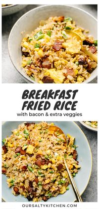 When you want a greasy spoon breakfast without the actual greasy spoon, reach for fried rice for breakfast. With bacon, scrambled eggs, and extra vegetables, our breakfast fried rice recipe has the perfect balance of protein, carbs, and fiber to fill you up and keep you full (and fueled!). This is a great gluten free breakfast recipe that works just as well for lunch and dinner too. Plus, it's totally kid friendly!