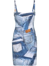 indigo blue stretch-cotton jersey texture denim print square neck sleeveless thin shoulder straps straight hem pull-on style